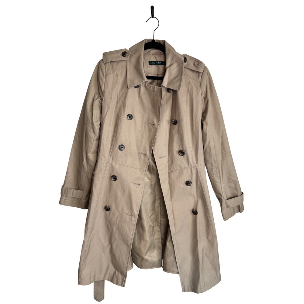 Lauren Ralph Lauren Double Breasted Trench Coat Medium Tan Belted Classic Shell